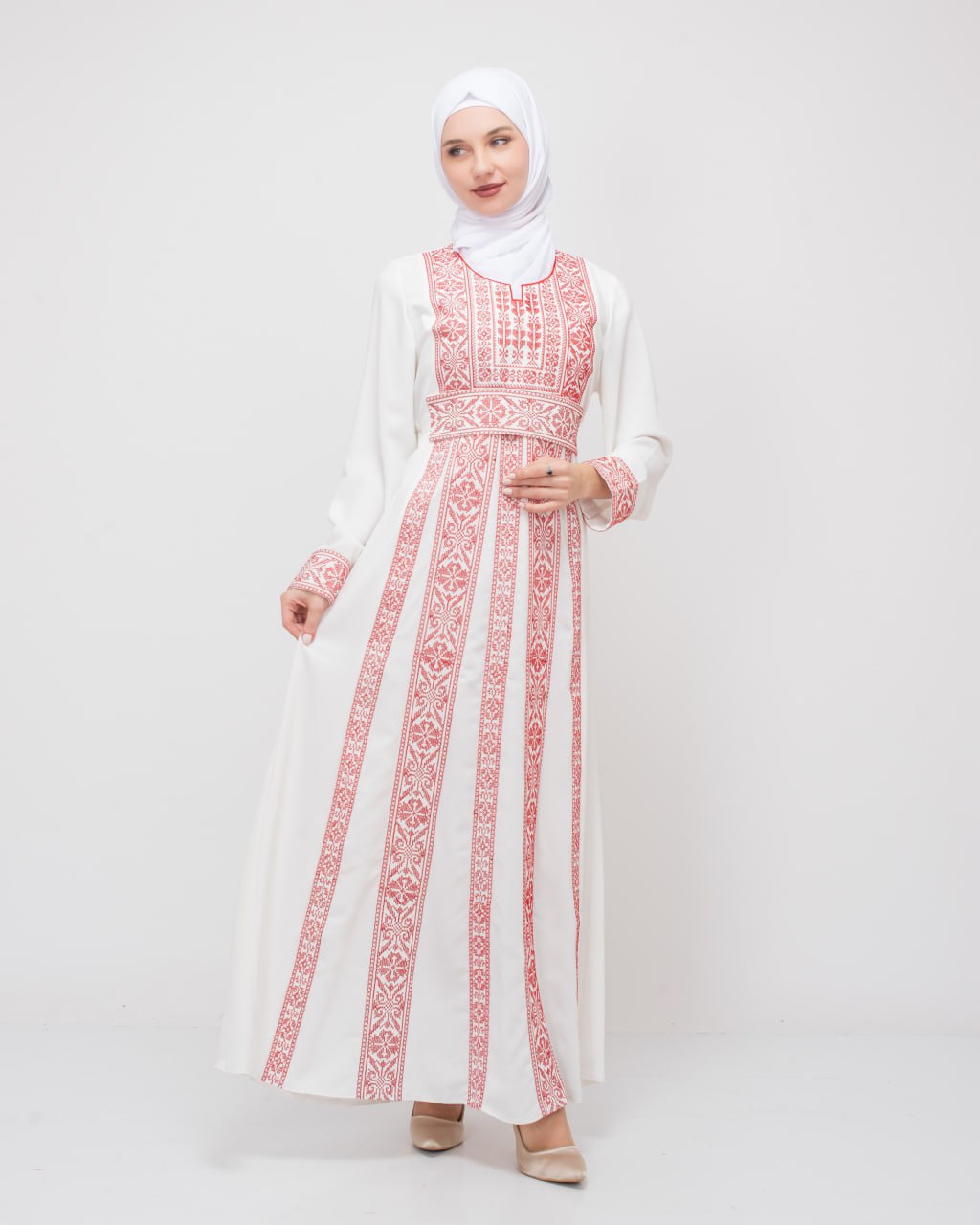(Pembe )Kuşaklı Nakışlı Gazze Elbisesi