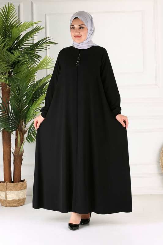 Pratik tasarımlı, kolları fırfırlı tesettür ferace (siyah) 1327