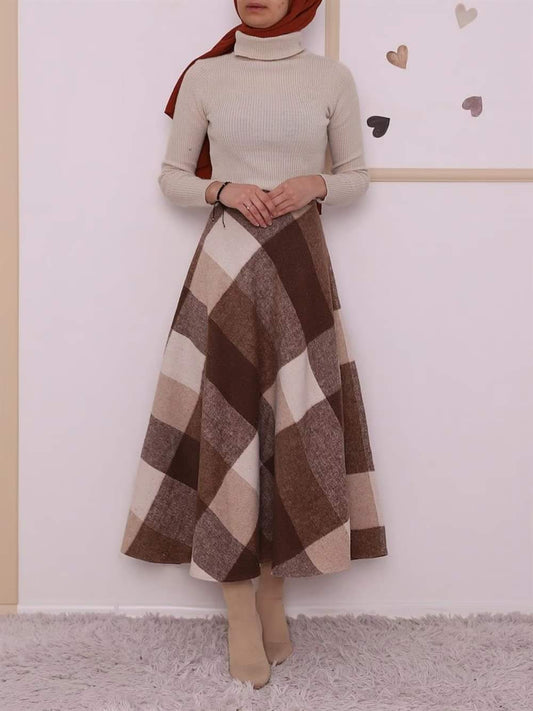 Kareli midi etek (kahverengi) 3041
