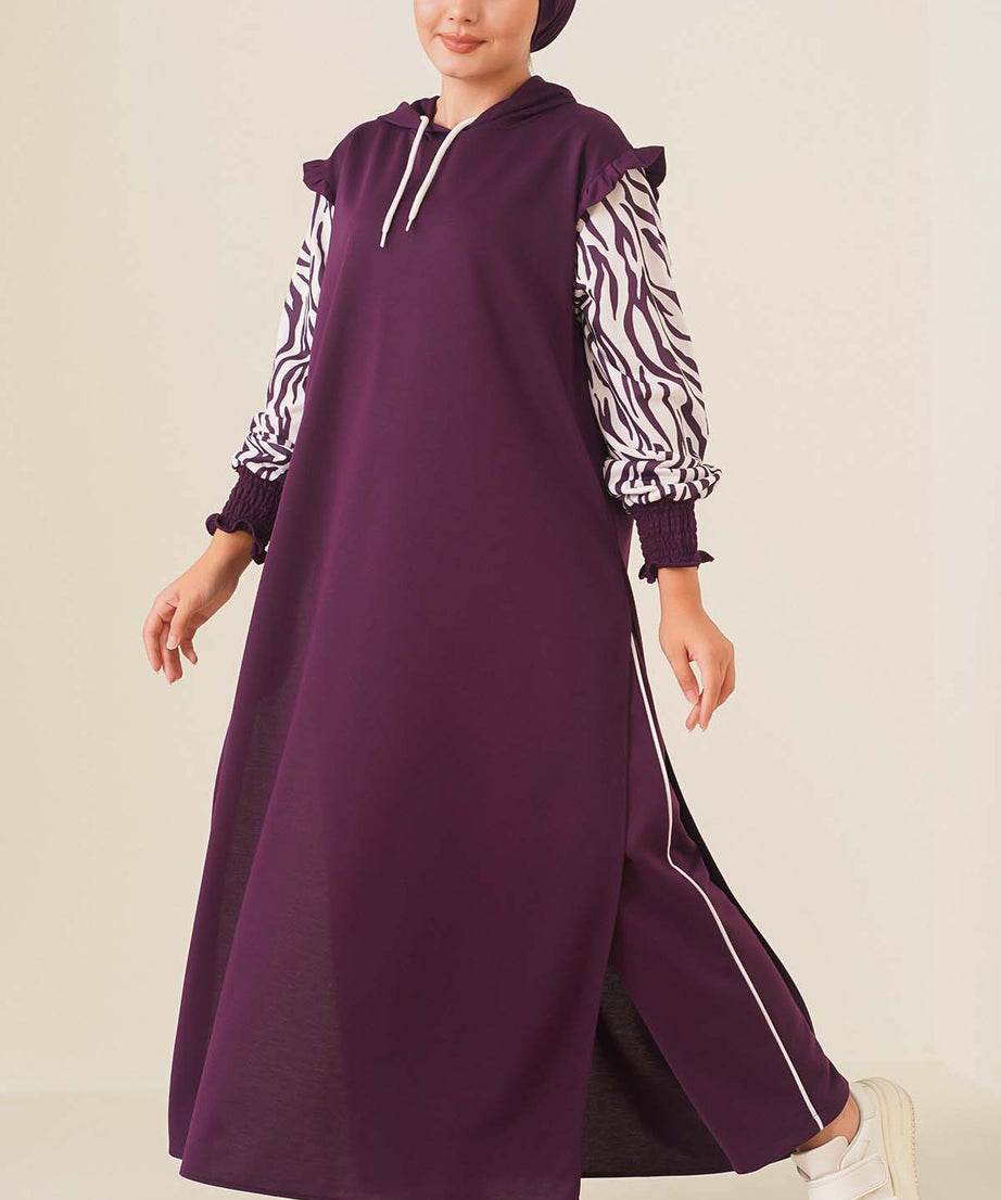 Zebra desenli kol ve pantolonlu uzun tunik takım (mor) 0976