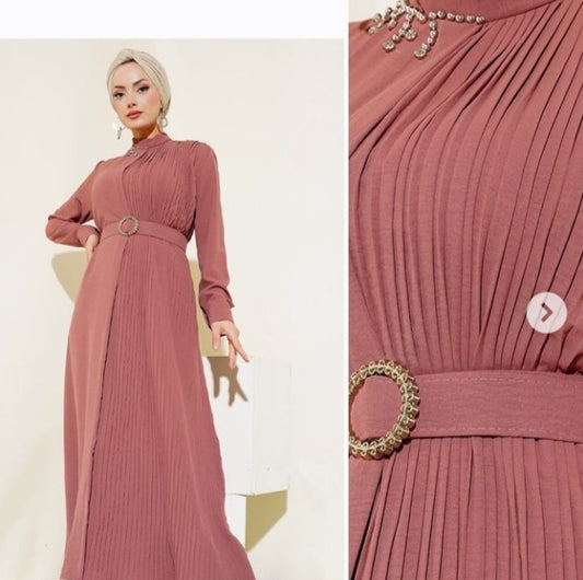 Pilili ve kemerli tasarım elbise - pembe 1369