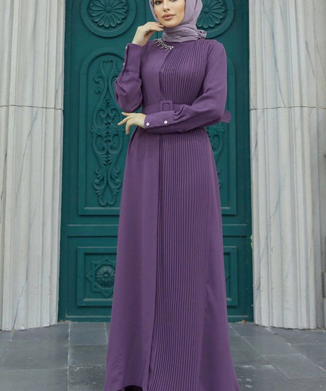 Kemerli pilili elbise - Lila 1369