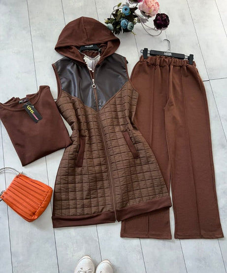Üç parçalı set, derili kahverengi renk, model 2074-100