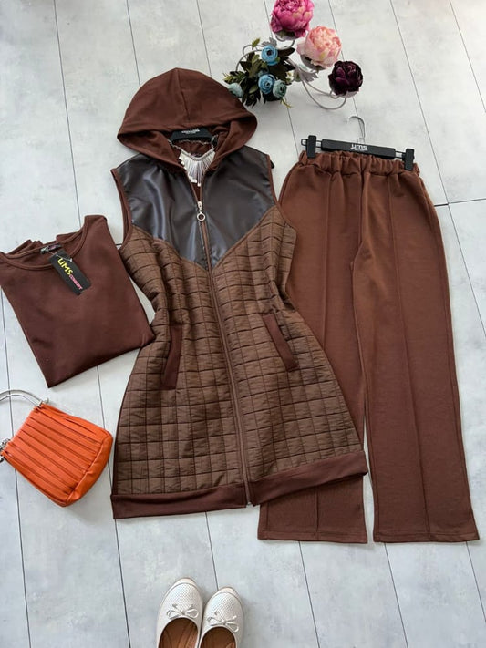 Üç parçalı set, derili kahverengi renk, model 2074-100