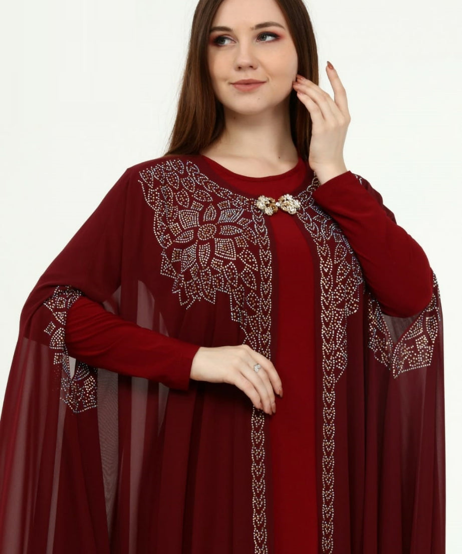 Bordo renkli nakış içeren işlemeli iki parçalı set T1004