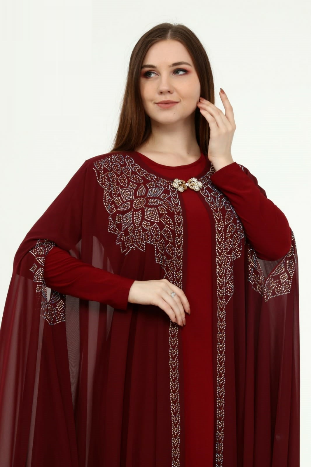 Bordo renkli nakış içeren işlemeli iki parçalı set T1004