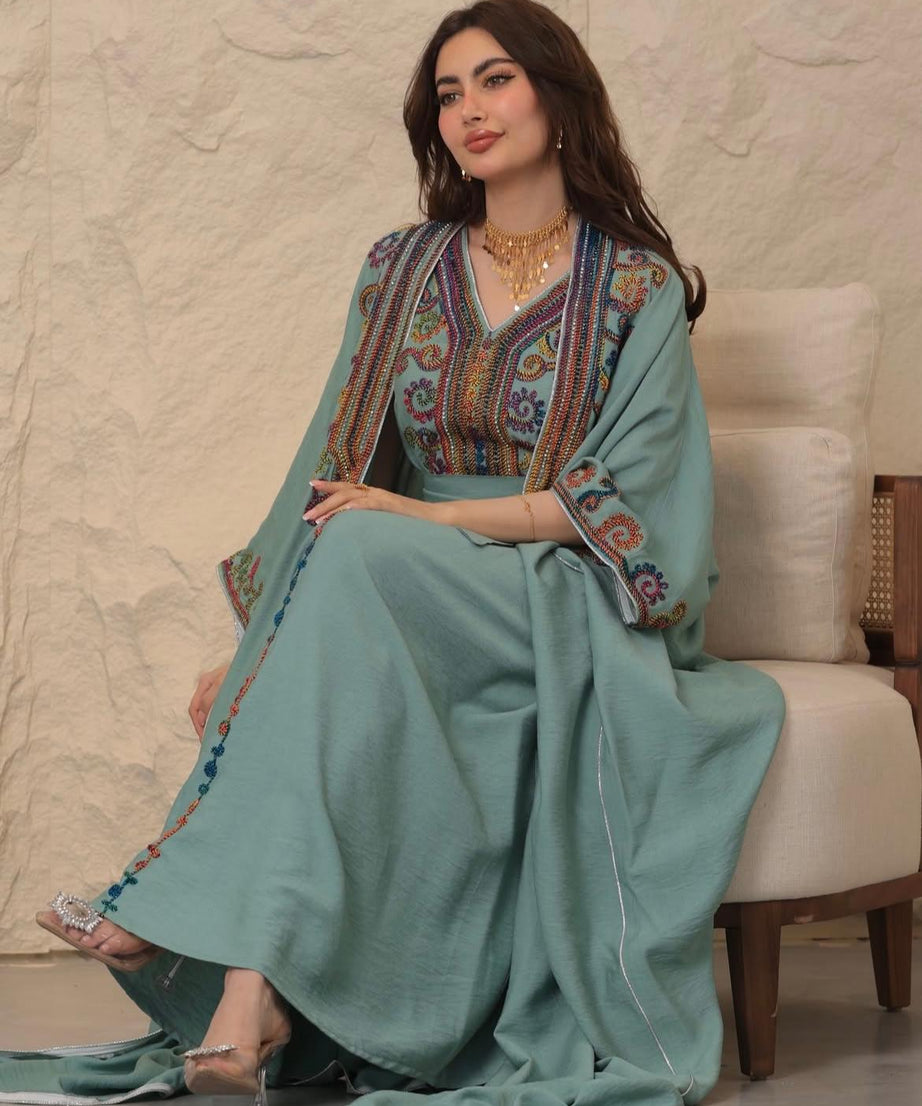 Şeyha  abaya takımı mint rengi, işlemeli, resmi yazlık